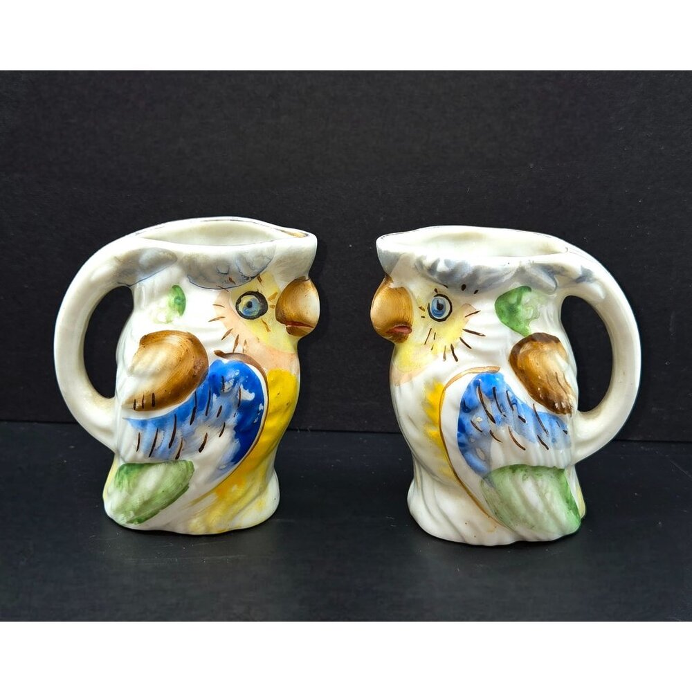 Pair of colorful vintage ceramic Mini Parrot Pitchers 3"
